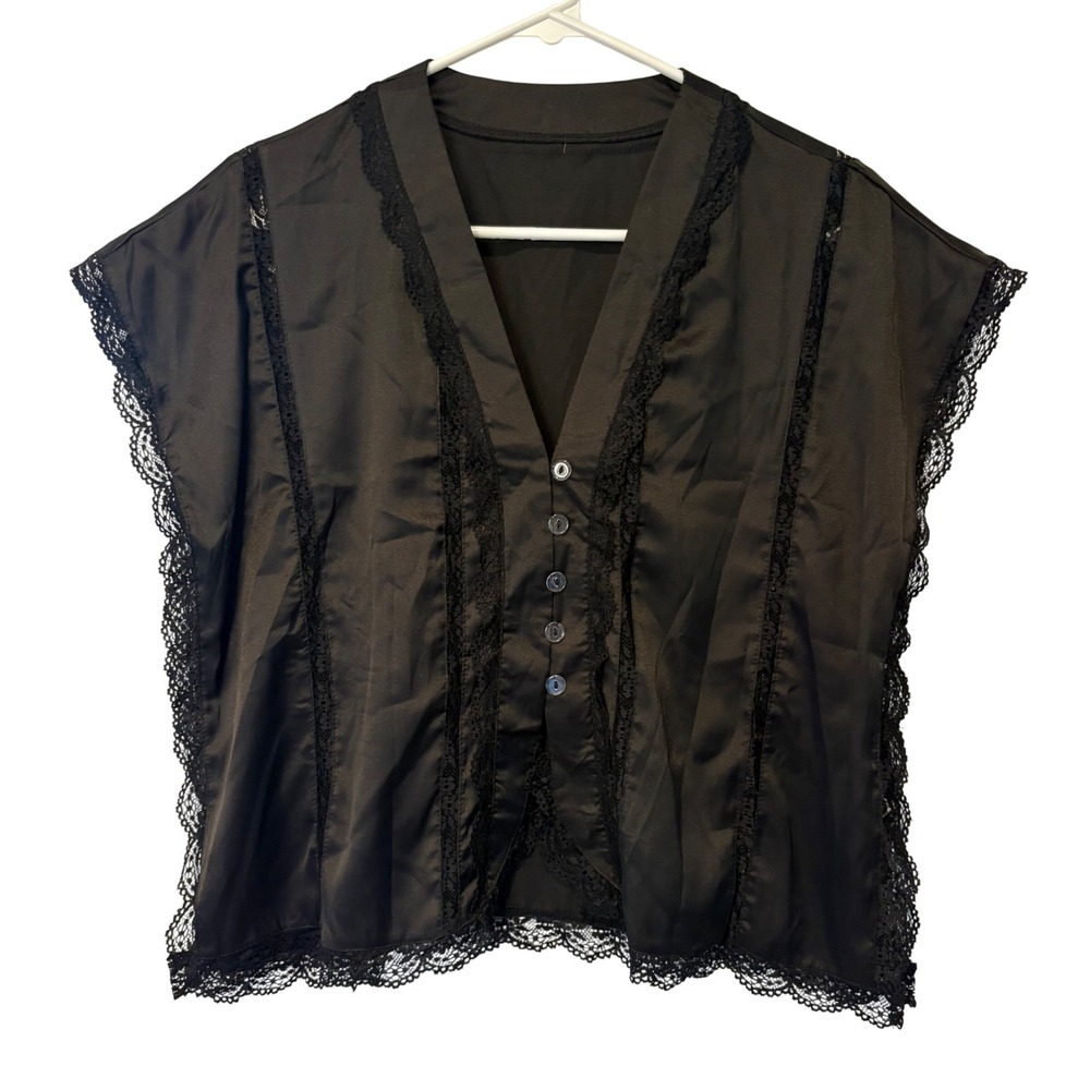 Lace Trim Satin Blouse Women M Black VNeck Button Front Gothic Witchy DarkFairy